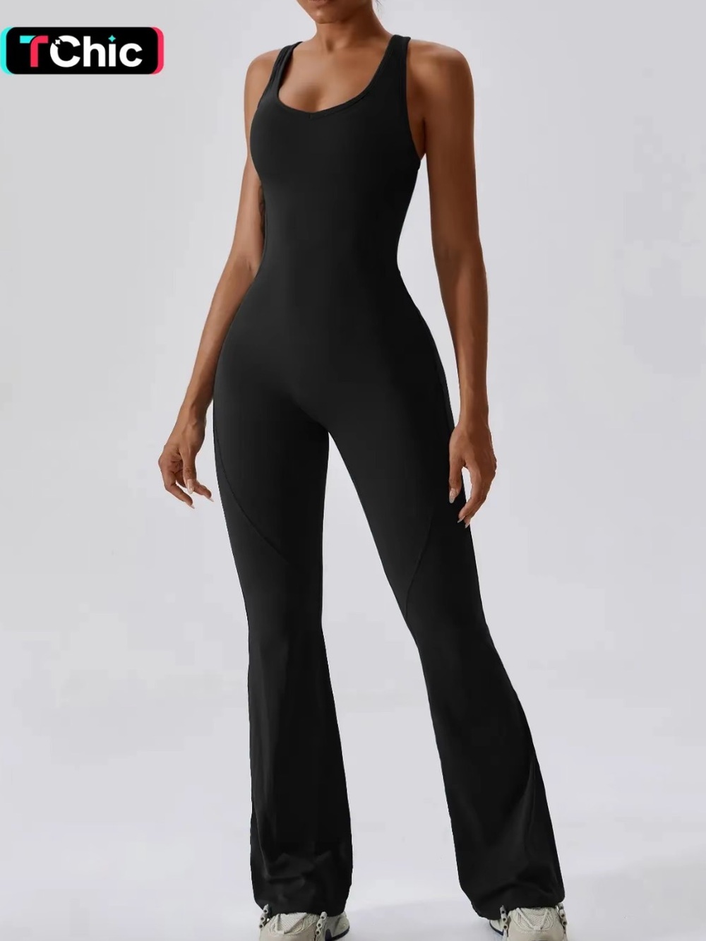 chic Black Racerback Flared Leg Jumpsuit